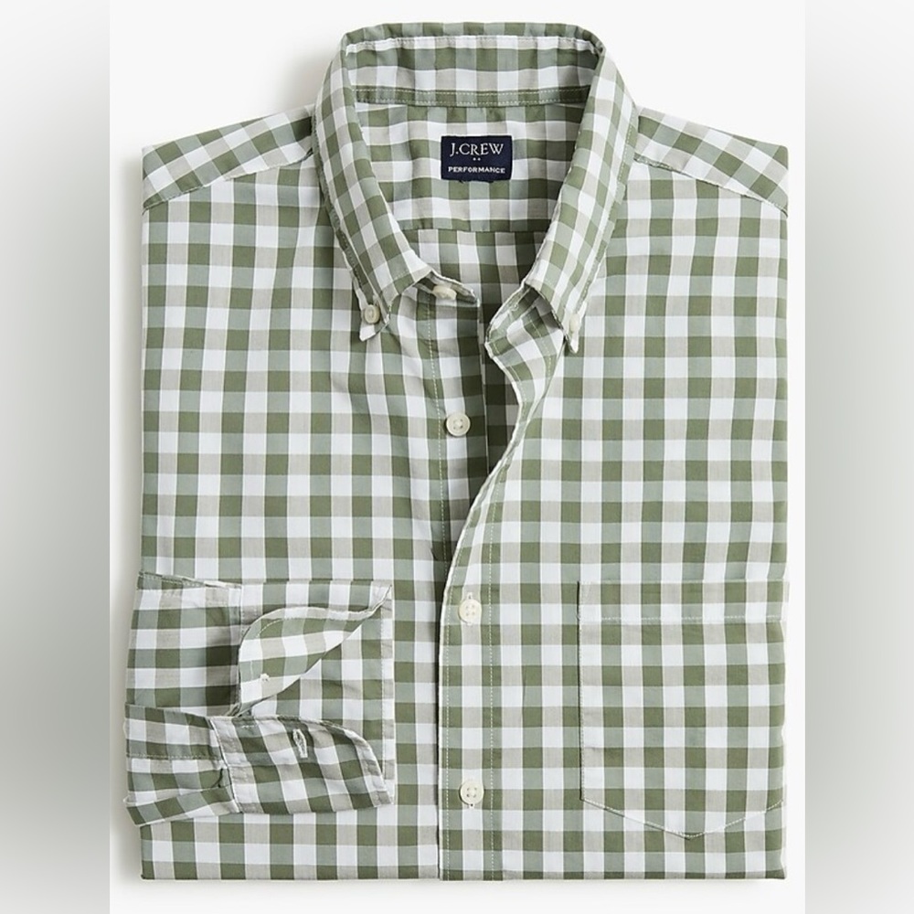 J.Crew Shirt, Olive/White Gingham, Performance Slim Untucked Flex, size XL